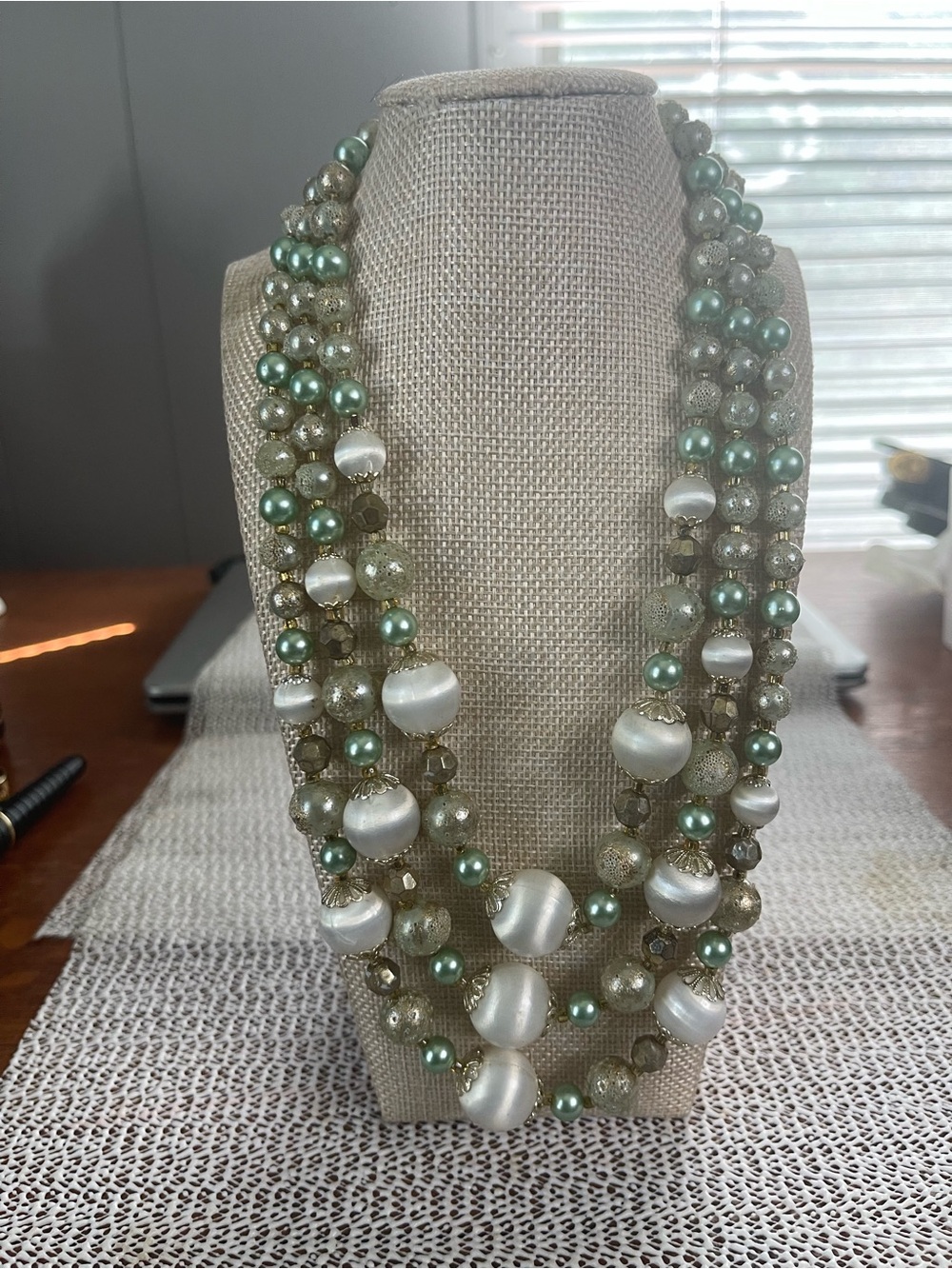 Vintage MCM Japan Mint Green Faux Pearl Multilayer Costume Estate Necklace